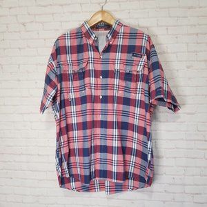 Columbia PFG Adult Extra Large Omni-Shade Blue Plaid Button Up Men Short Sleeve